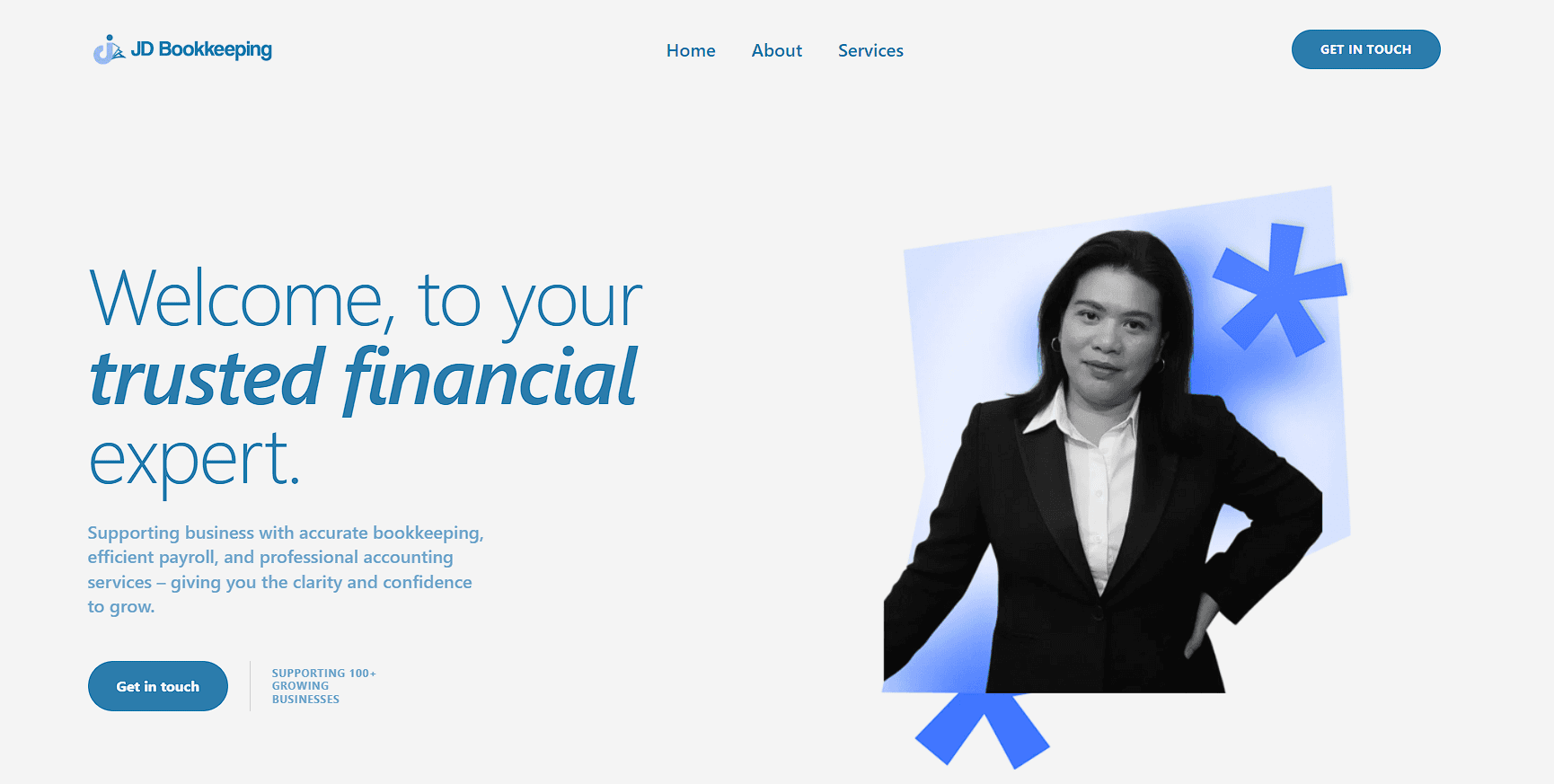 JD Bookkeeping firm services layout displaying local SEO Hampshire keywords and tax advisory info